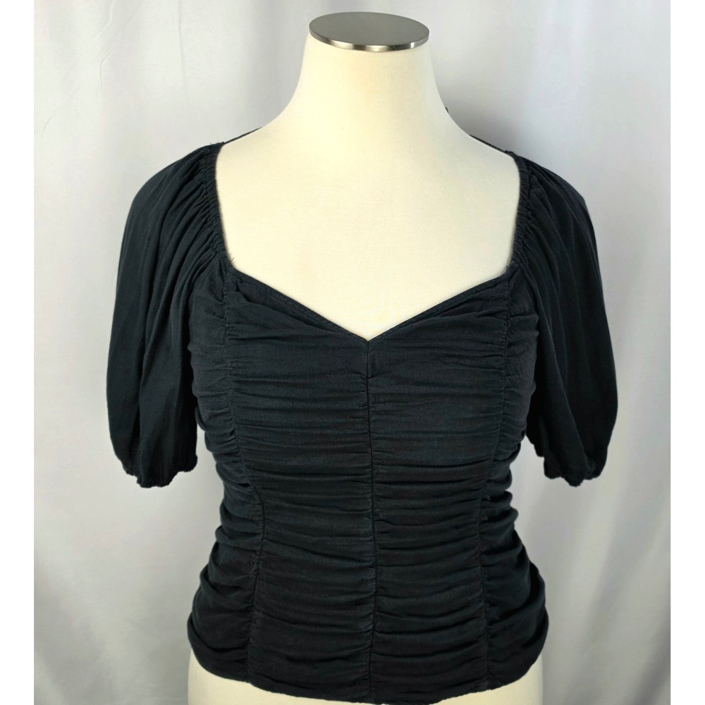 Ava & Viv Black Ruched Puff Sleeve Smocked Back Blouse XXL Sweetheart Neck Top